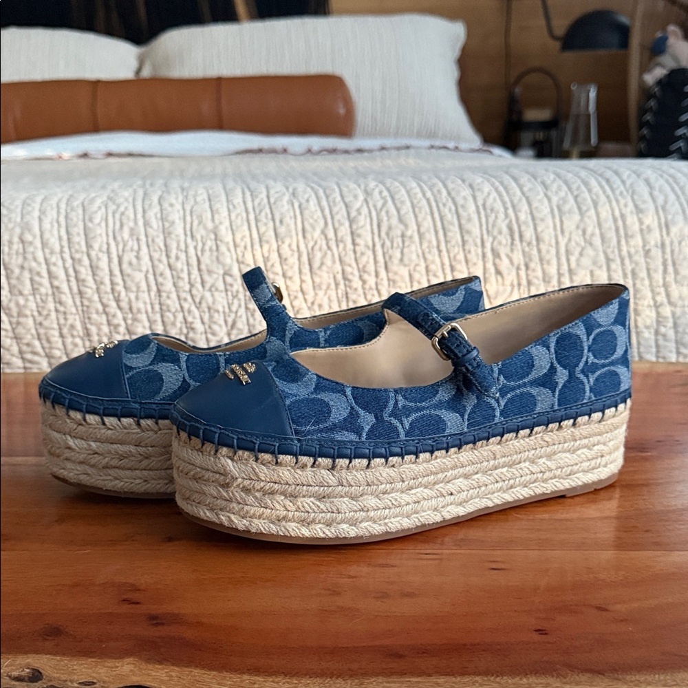 Coach Blue Signature Denim Espadrille Platform Shoes